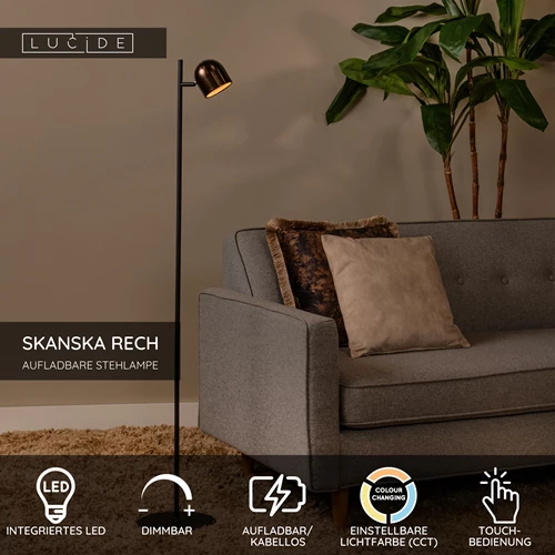 Lucide SKANSKA RECH - wiederaufladbare Stehlampe Innen/Außen - Akku/Batterie - Ø 23 cm - LED Dim. - CCT - 1x3W 3000K/6000K - IP44 - Kaffee - USP